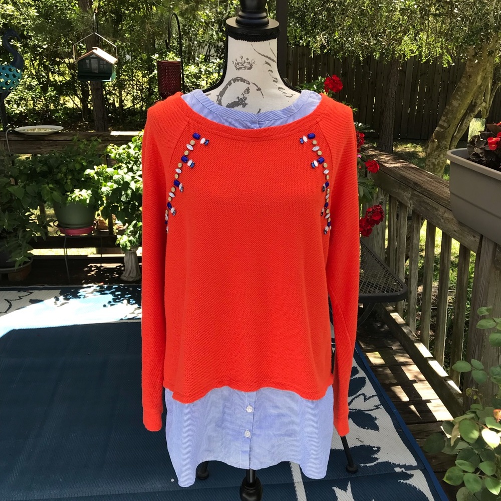 Crown & Ivy Orange Cotton Sweater Rhinestone Accents Blue White Shirttail Hem L